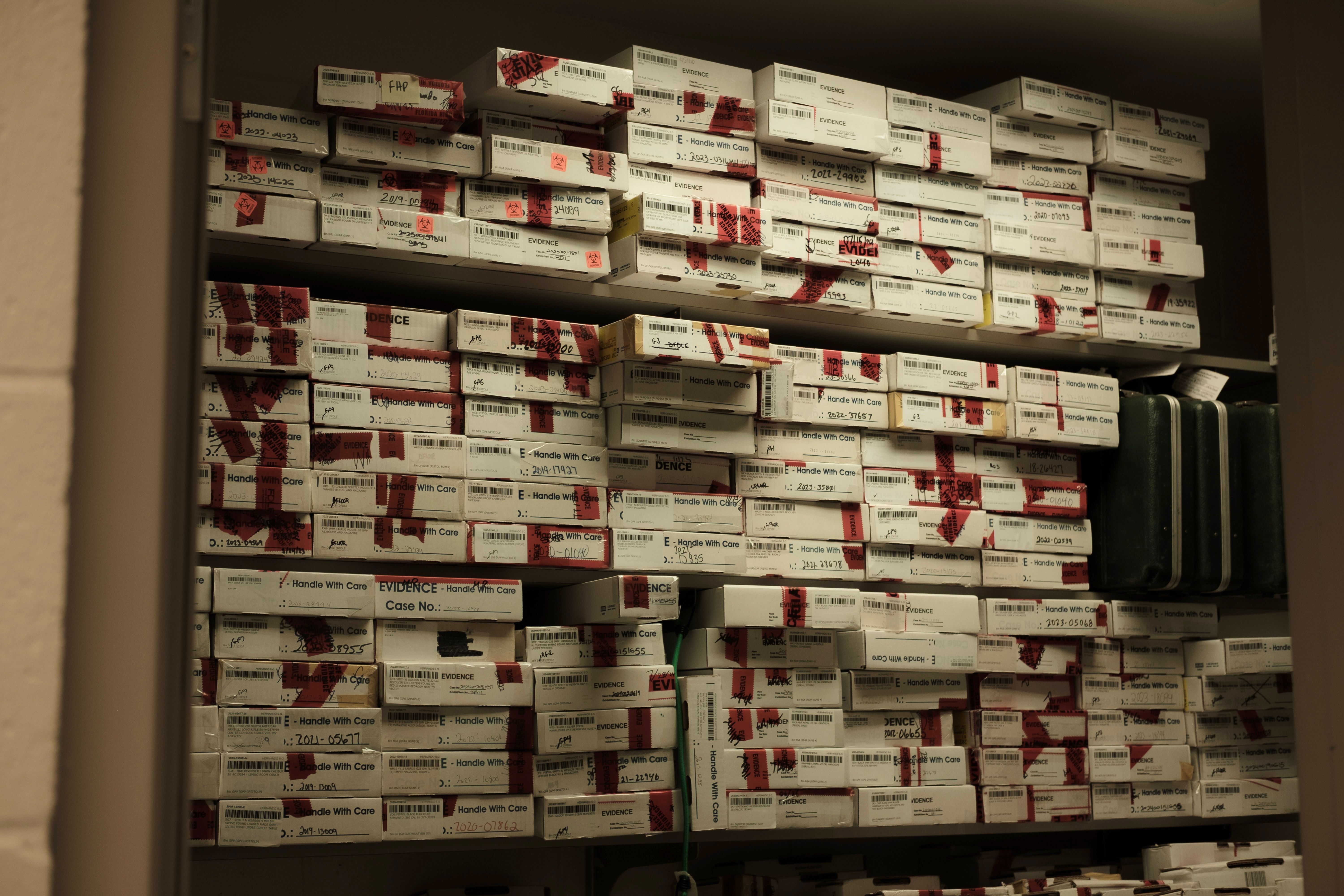 Evidence storage facility with boxes stacked to the ceiling